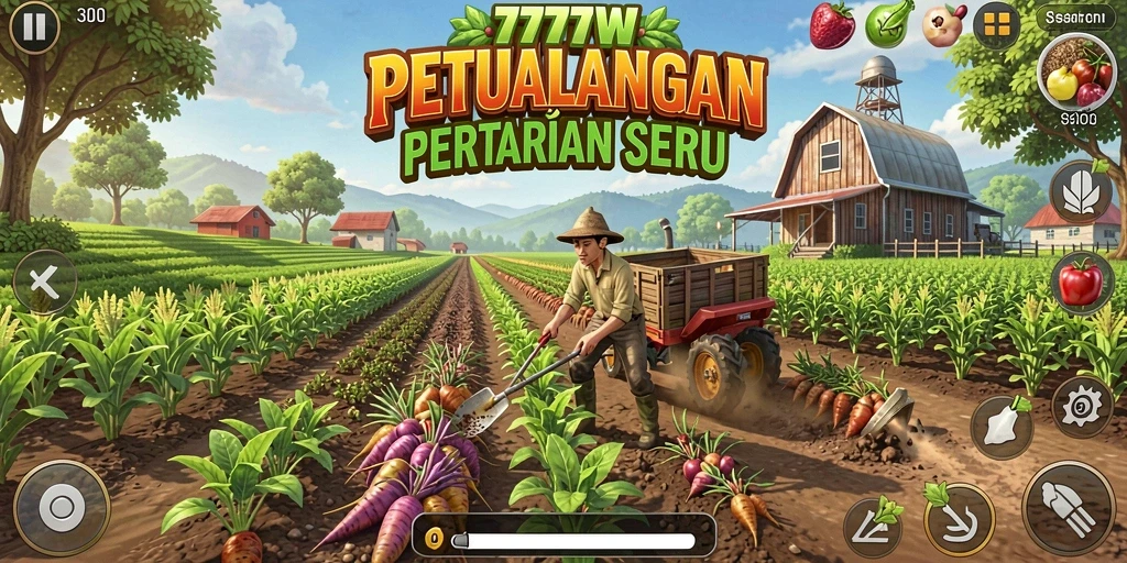 Gameplay seru 7777W dengan pertanian yang interaktif.