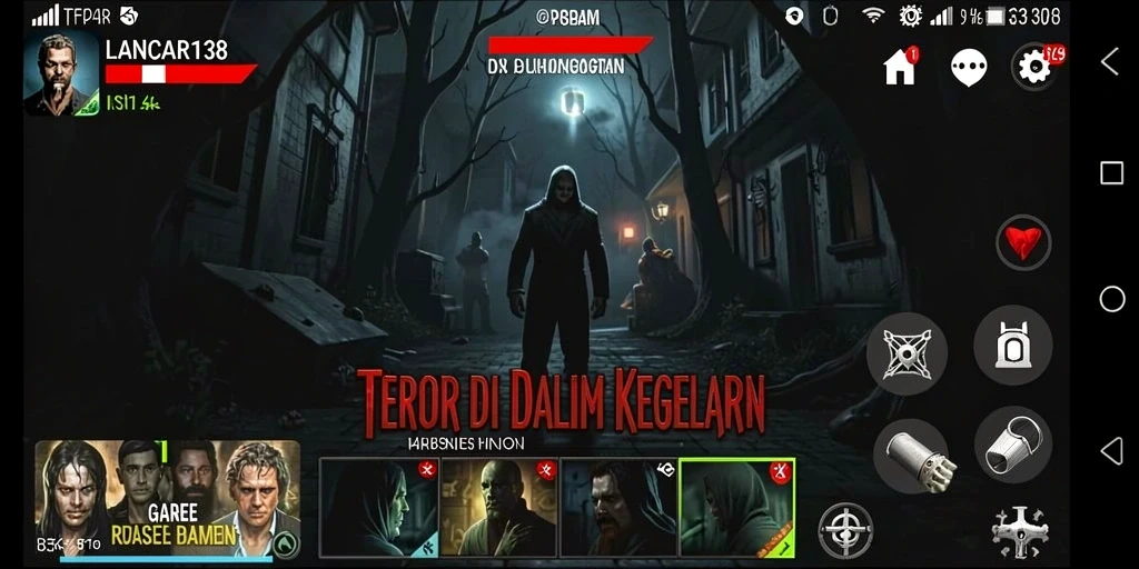 Screenshot gameplay LANCAR138 menggambarkan suasana mencekam di ruang gelap.