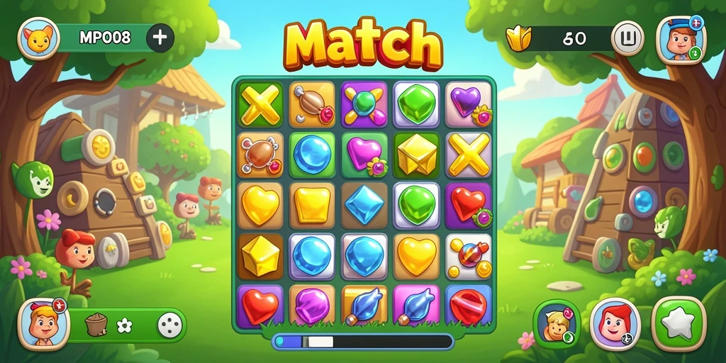 Screenshot MPO08 menampilkan gameplay Match-3 yang seru dan penuh warna.