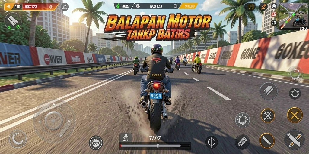 Tampilan seru dari gameplay balapan motor yang mendebarkan.