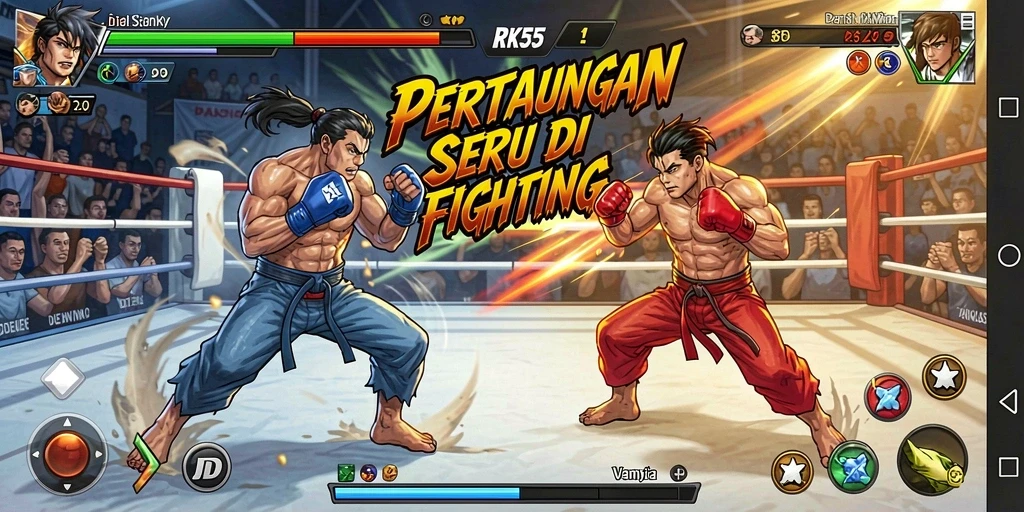 Screenshot gameplay RK55 yang menampilkan pertarungan yang intens.