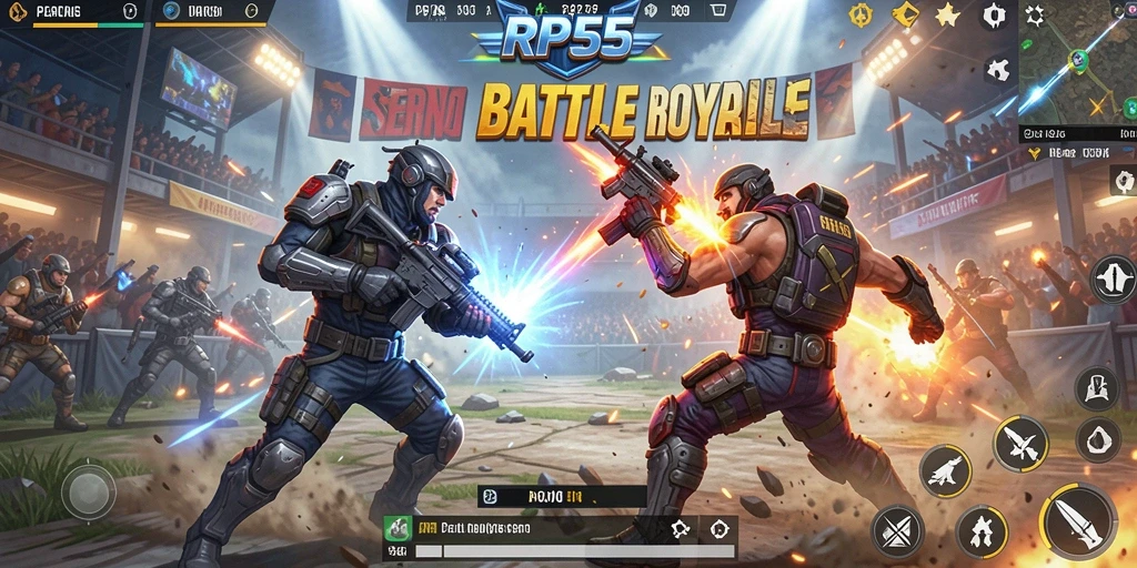 Tampilan aksi seru di arena RP55 selama pertarungan Battle Royale.