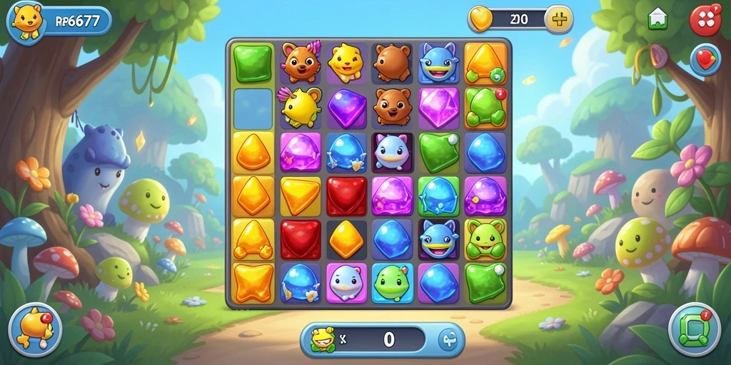 Tampilan gameplay Match-3 yang seru dan penuh warna.